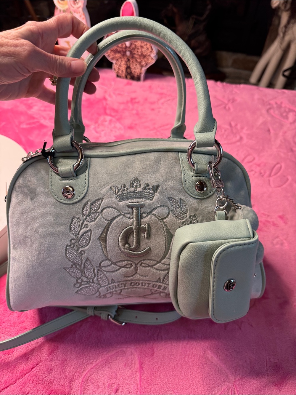 NWT Juicy Couture Exclusive Frosty Green Crest Satchel Charm Cluster + Pouch